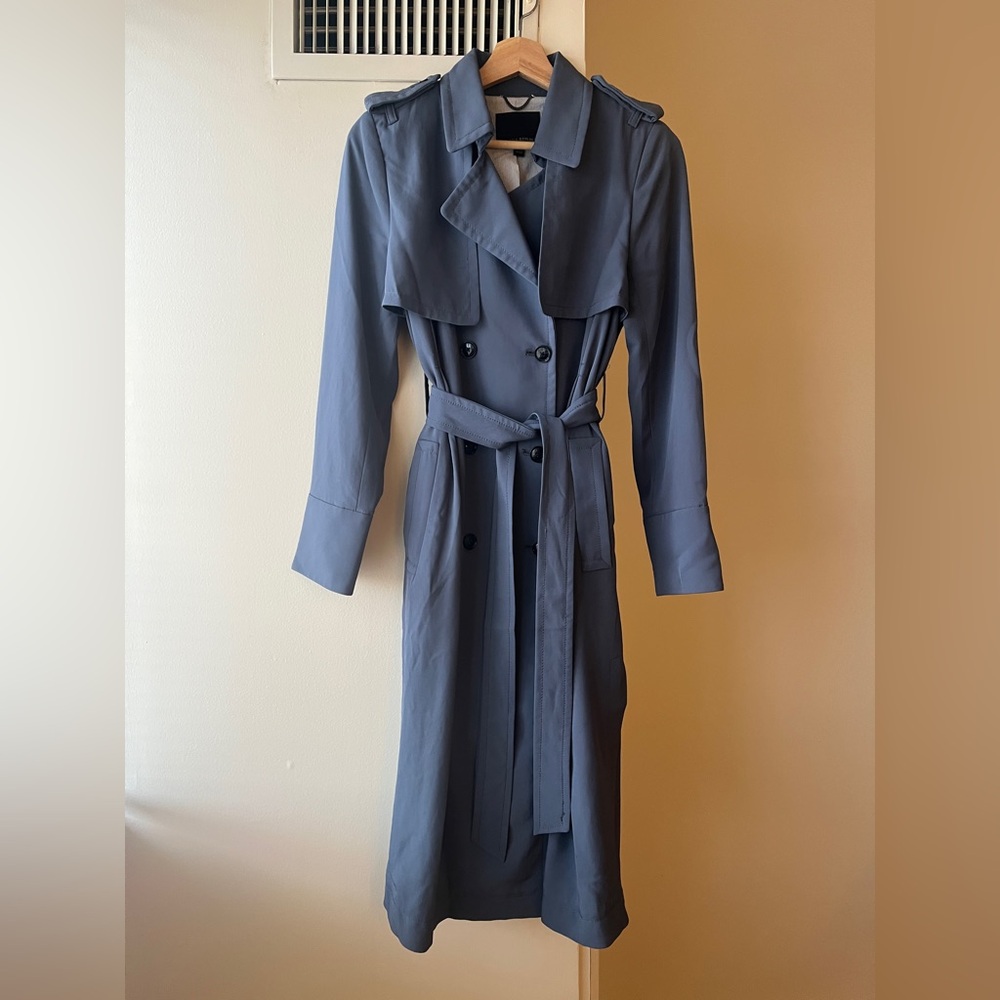 Banana Republic soft pleated long trench, blue gray, small